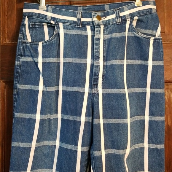 VINTAGE 70s PLAID HIGH WAISTED,NARROW ANKLE JEANS! - Picture 2 of 7